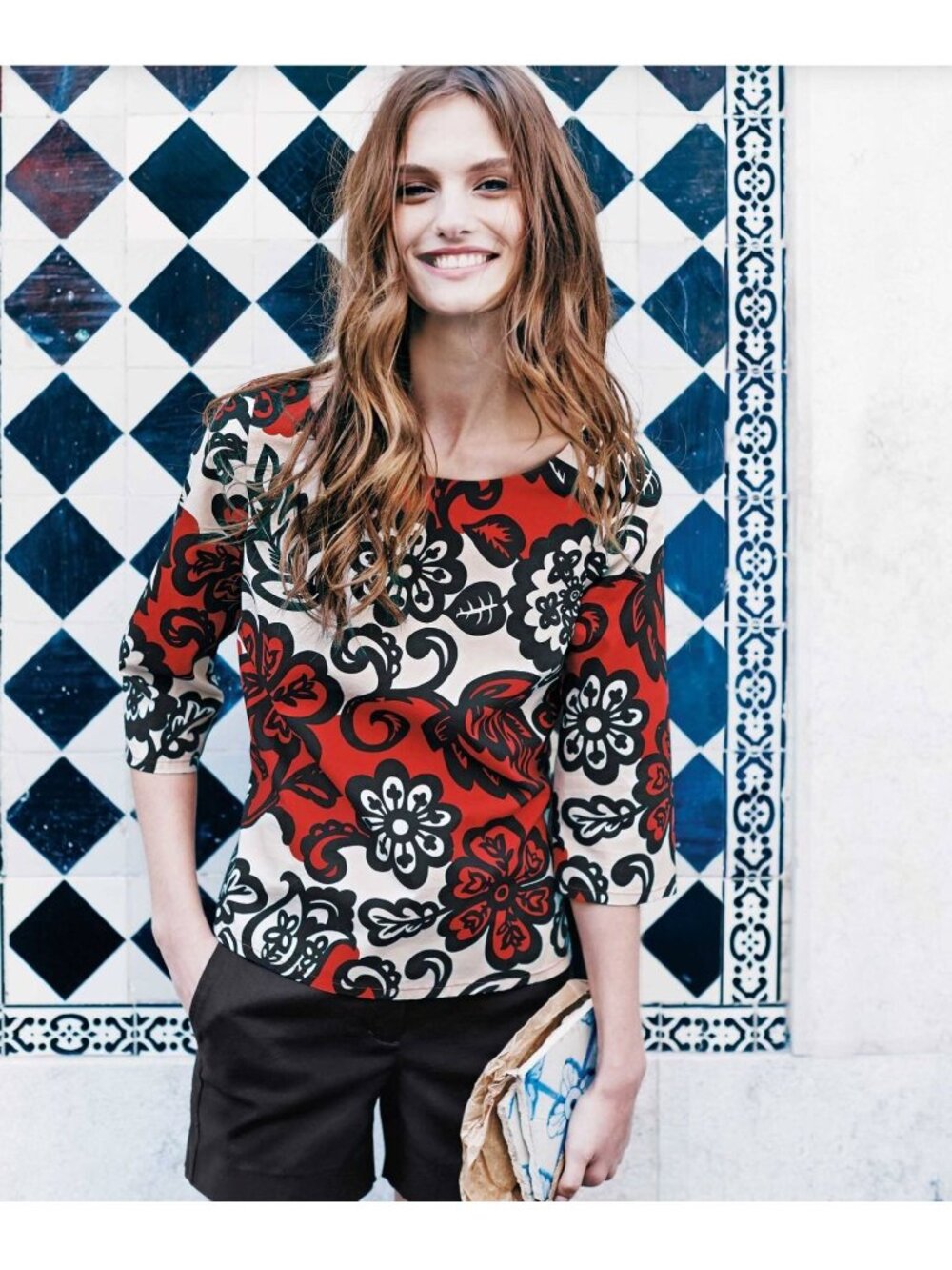 Boden Ursula Floral Top Red Black 1960s Print 3/4 Sleeve Size US 14